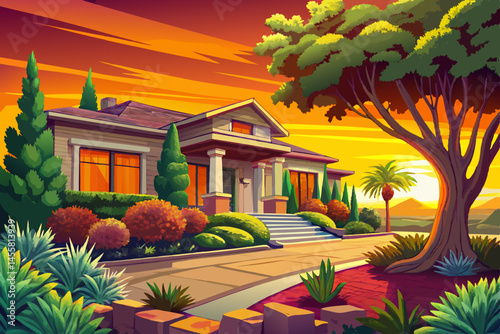 Beautiful front yard landscape design illuminated by warm sunset light, featuring manicured lawn, garden beds, and decorative plants. Ideal for home exterior, landscaping inspiration, and curb appeal