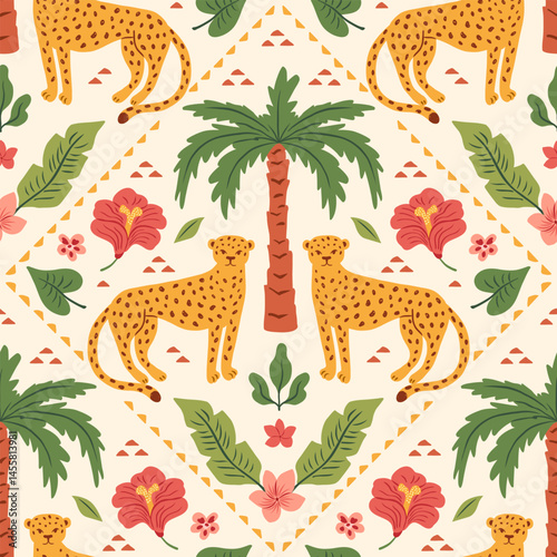 Tropical ethnic seamless pattern with palm tree, leopard, flowers and leaves. African ornament. Wild animals and exotic plant. Summer mosaic boho print. Vector flat illustration.