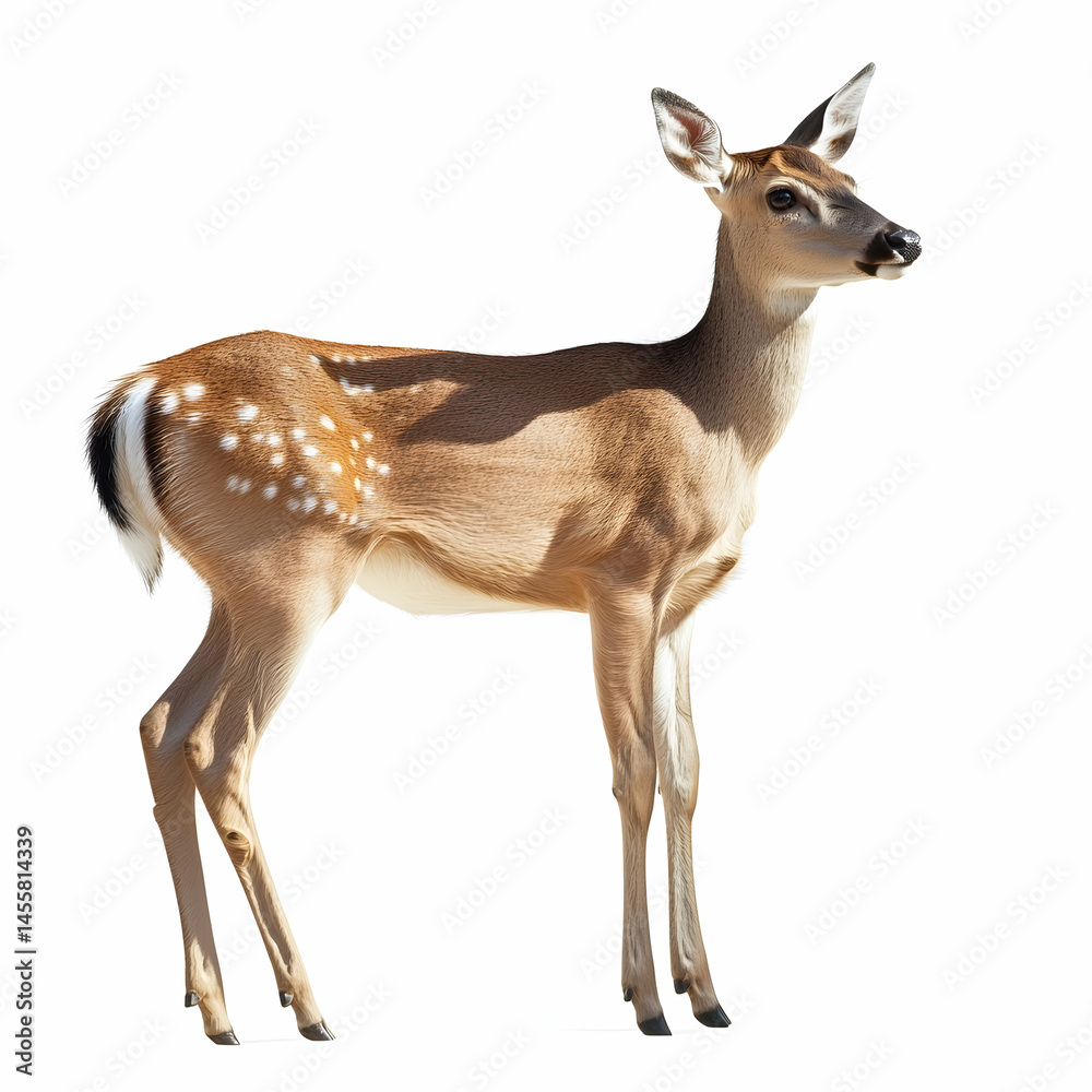 Naklejka premium Standing Deer Looking Right with Spots on Hide Against White Background