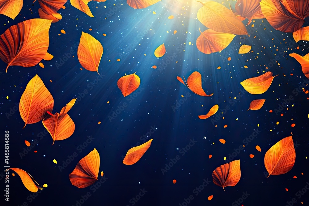 Falling autumn leaves, bright light, dark background.  Many vibrant orange and reddish-brown leaves float against a deep blue-black backdrop.