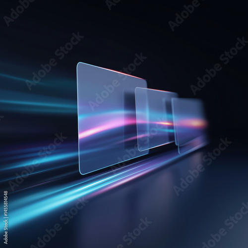 Sleek futuristic business presentation board with glowing blue and pink light trails