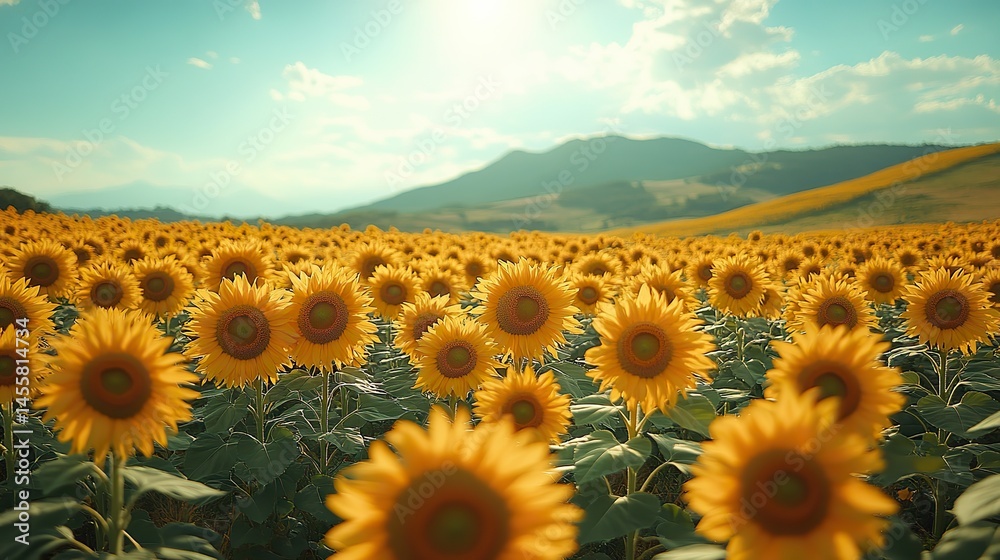 Obraz premium A field of sunflowers in full bloom, their bright yellow faces turned towards the sun under a clear blue sky.