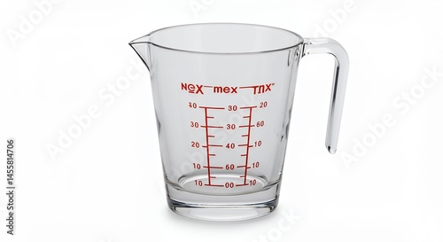 Glass measuring cup isolated on white background showing volume measurement markings