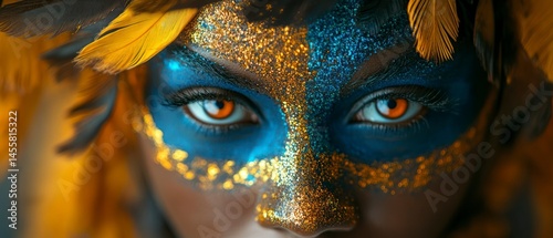 Carnival participant gazes intensely with orange eyes, wearing elaborate feather headdress and vibrant eye makeup adorned with glitter, embodying celebration and cultural expression.