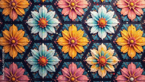 Intricate floral design within a repeating hexagonal grid , honeycomb, grid