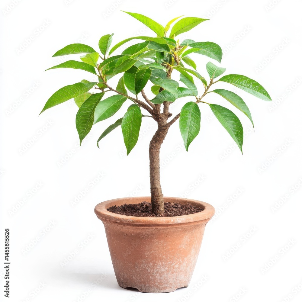 Fototapeta premium Vibrant Green Bonsai Tree in Terracotta Pot Against White Background