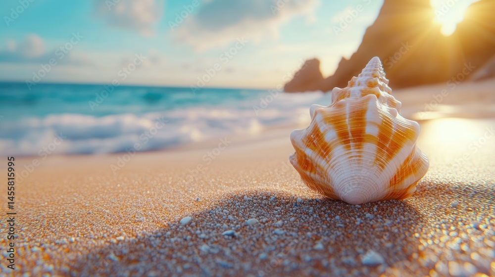 Seashell on golden beach at sunrise Seashell on golden beach at sunrise