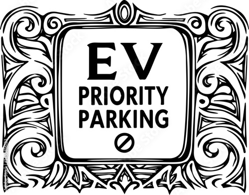 SVG illustration featuring electric vehicles powered by clean electric energy. Decorative EV Priority Parking Sign for Electric Vehicle Spaces