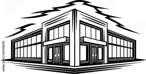 SVG illustration featuring electric vehicles powered by clean electric energy. Black and White Illustration of Modern Retail Building Design