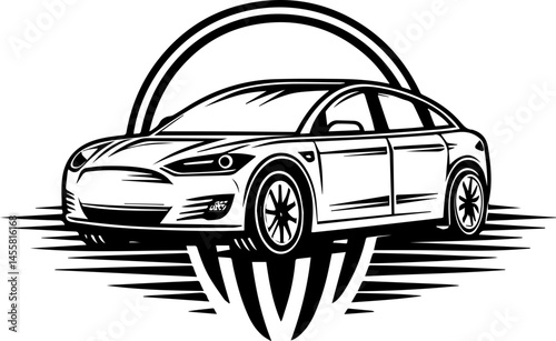 SVG illustration featuring electric vehicles powered by clean electric energy. Elegant Black and White Car Illustration with Circular Design