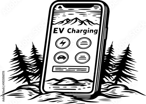 SVG illustration featuring electric vehicles powered by clean electric energy. Mobile App Interface for Electric Vehicle Charging in Nature Setting