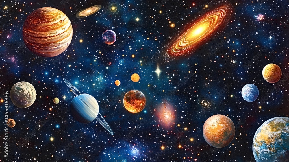 Naklejka premium Bright colorful planets and a spiral galaxy are shining in the dark universe, surrounded by countless stars, creating a breathtaking cosmic scenery