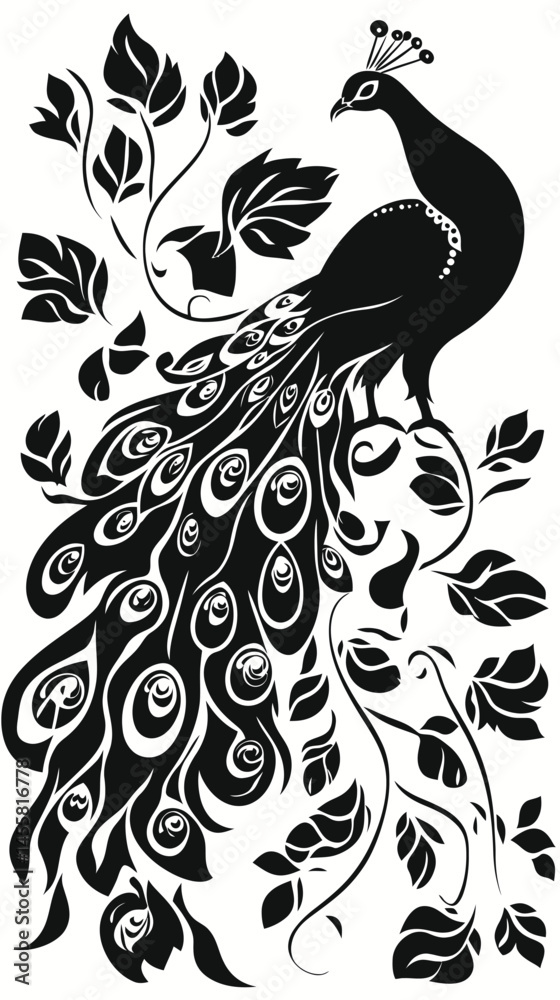 Fototapeta premium Elegant Peacock Black and White SVG Vector for Cutting and Printing in Minimalist Style