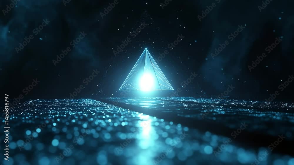 Futuristic glowing pyramid floating above a dark digital surface with blue light particles. Ideal for technology, blockchain, sci-fi, and AI-themed visuals.

