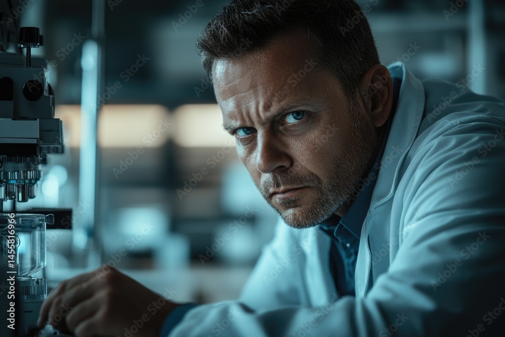 Obraz premium A serious scientist intensely focused on his laboratory work, examining samples with a microscope.