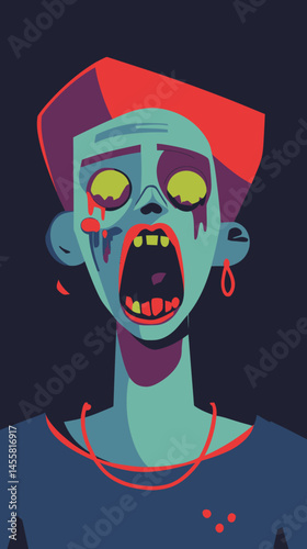 Minimalist Vector Illustration of Cartoon Zombie Woman with Bold Colors