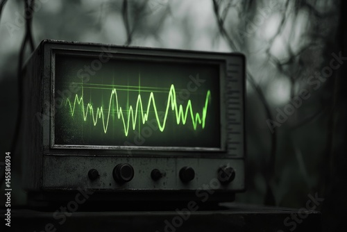 A vintage oscilloscope displays a green waveform, suggesting scientific research or technological advancement in a dark, mysterious setting.