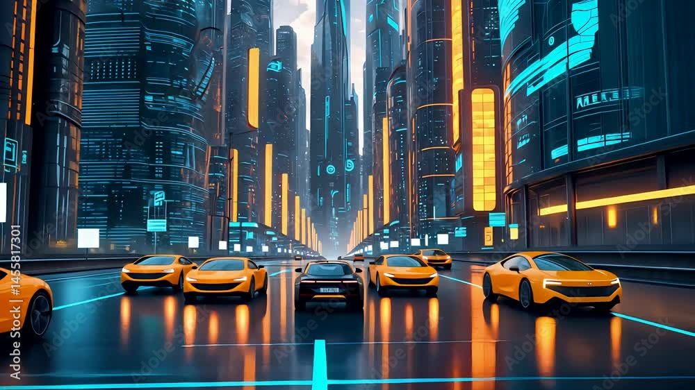 Futuristic City Street with Sports Cars and Neon Lights at Night