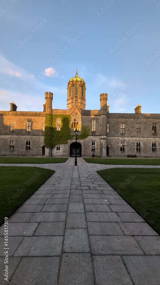 The University of Galway at sunset, quadrangle in Ireland, historical architecture and landmarks background	