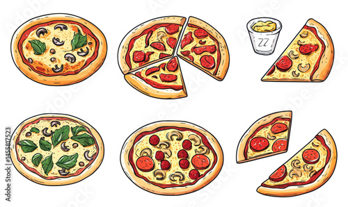 Hand-Drawn Pizza Set with Ingredients, Whole and Chopped Slices, Vector Illustration