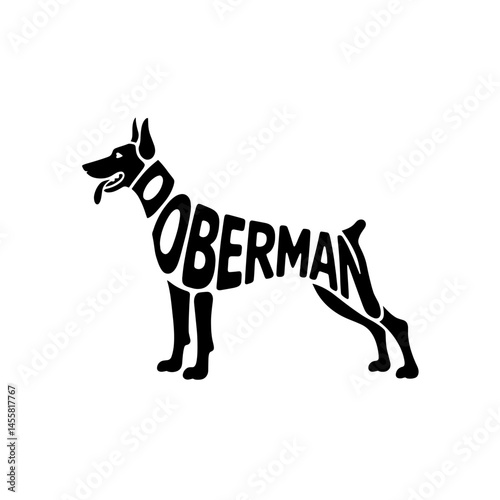 Doberman Pinscher silhouette design featuring playful typography in a monochrome style ideal for pet lovers and dog enthusiasts