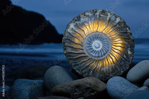 Glowing fossil on beach pebbles against a night sky.  A treasure from the ancient past.