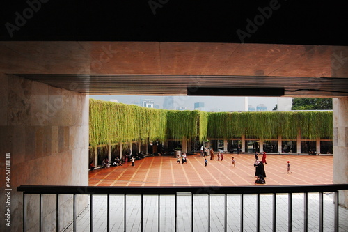 The largest mosque in Southeast Asia and the ninth largest mosque in the world: Istiqlal Mosque, Jakarta, Indonesia. The outside park view from inside the mosque.