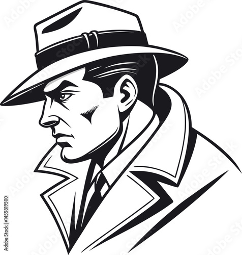 Detective Man Vector Illustration in Trench Coat and Fedora Hat