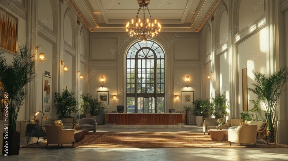 Fototapeta premium Elegant luxurious hotel lobby with high ornate ceiling large arched window vintage chandeliers classic decor cozy seating area greenery and warm lighting