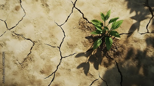 Small plant growing in cracked earth. photo
