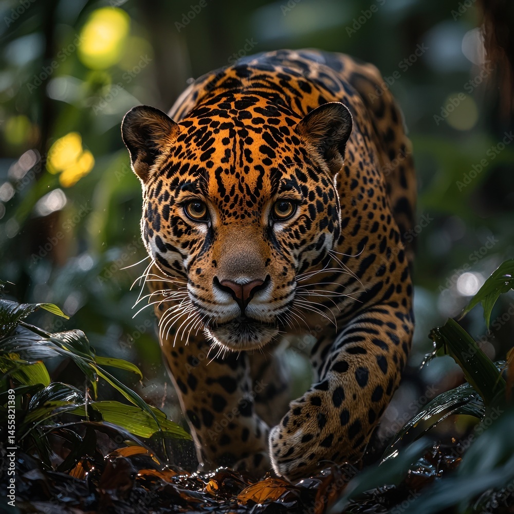 Fototapeta premium Majestic jaguar in dense jungle. 