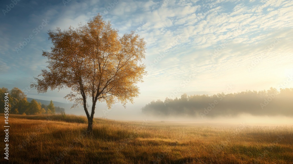 Lonely tree in a misty field with sunlight shining through the clouds Lonely tree in a misty field with sunlight shining through the clouds