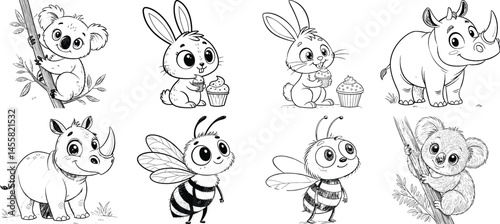 Playful Cartoon Koala, Rabbit, Rhino, and Bee Illustrations in Cute Style for Kids, Education, and Fun Art