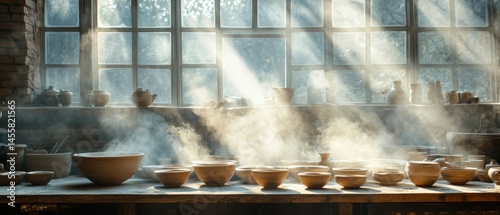 Wooden bowls on rustic table display steam illuminated by sunlight streaming through window, creating cozy kitchen atmosphere.
