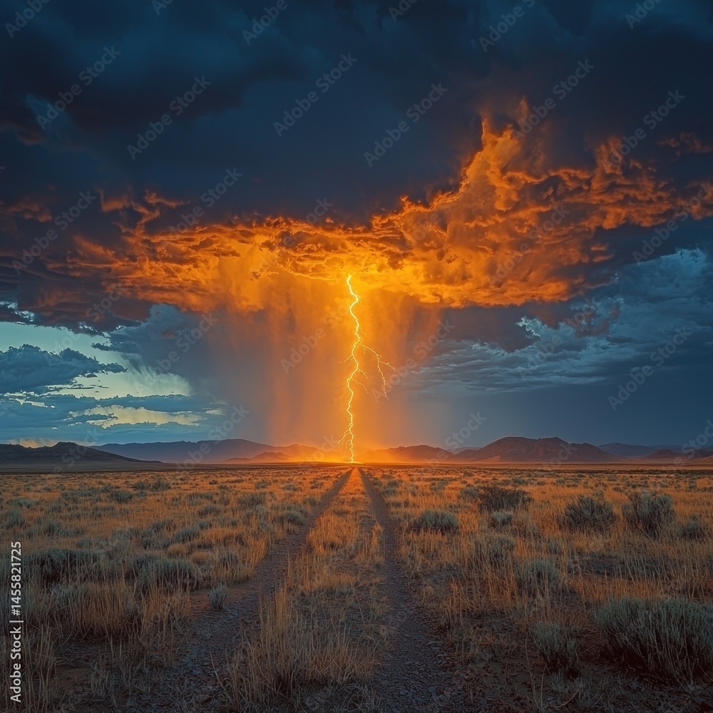 Fototapeta premium Dramatic Lightning Storm Over a Dusty Road