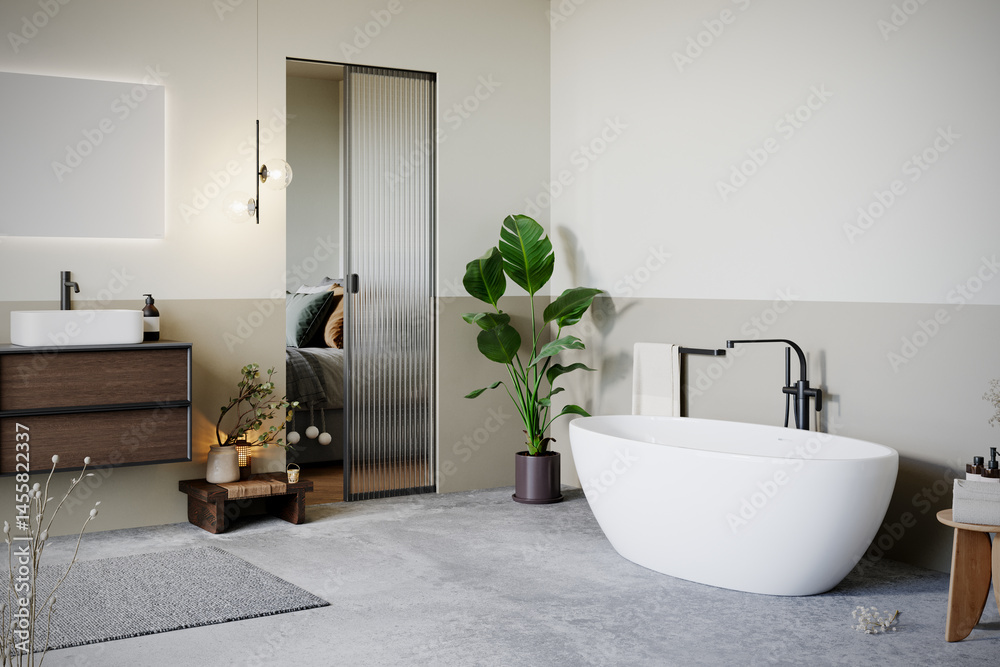 Fototapeta premium Modern minimalist bathroom interior, pastel decor concept, modern wooden bathroom furniture with interior plants. 3d rendering