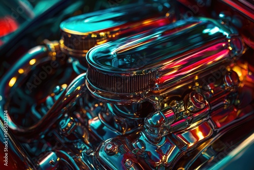 Highly polished chrome engine, vibrant colors, detailed close-up, classic car.