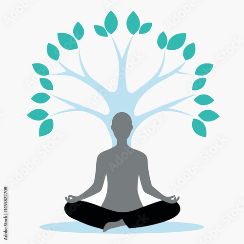 A calm and colorful vector illustration of a person meditating under a large tree, capturing inner peace and connection with nature. Ideal for wellness, mindfulness, and lifestyle designs.
