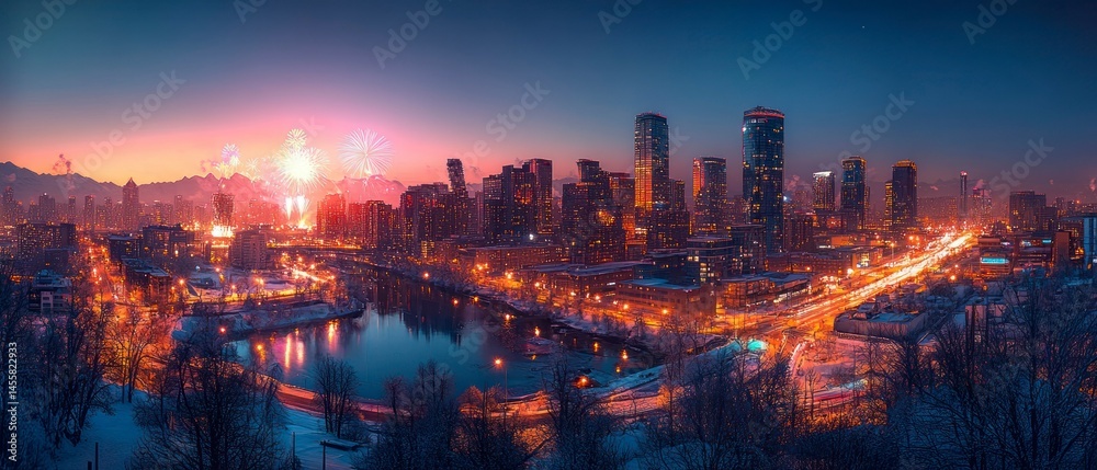 Obraz premium Cityscape displays illuminated skyscrapers, river reflecting city lights under colorful fireworks during winter celebration.
