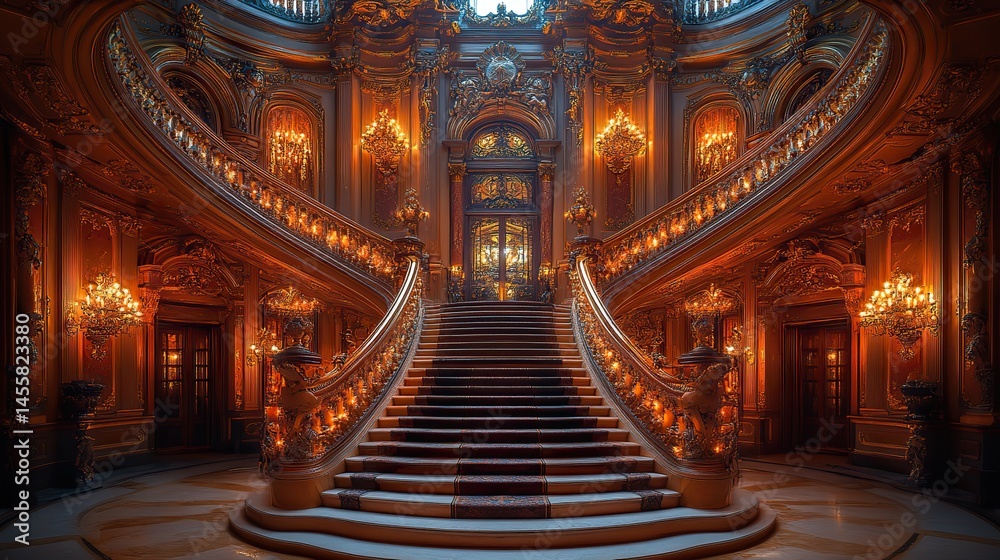 Obraz premium A grand staircase in an opulent, historic building, with ornate railings and intricate architectural details.