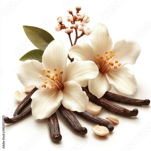 Delicate vanilla flowers and pods, a close-up view.