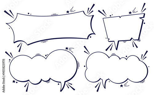Set of four black and white speech bubbles with tiny details.