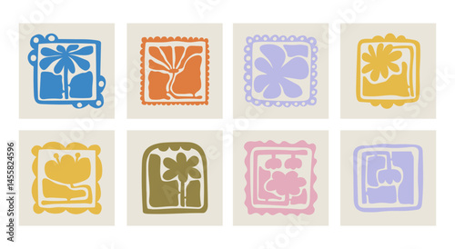 Matisse curves aestethic. Groovy abstract flower art set. Organic floral doodle shapes in trendy naive retro hippie 60s 70s style. Botanic vector illustration in pink, yellow, green colors.