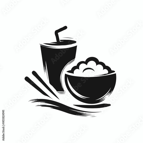 Bowl of rice and drink with chopsticks 