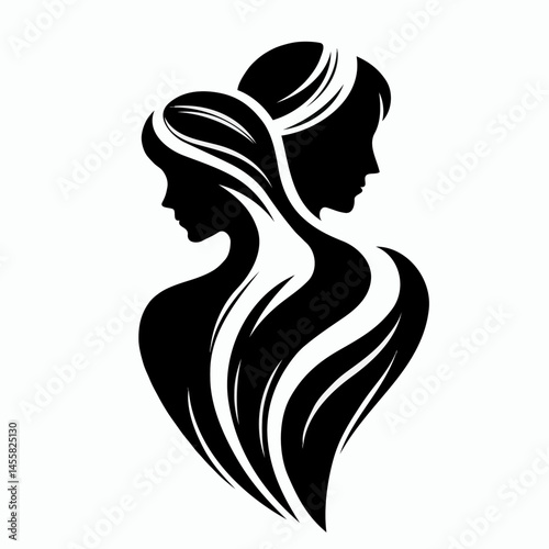 Silhouettes of man and woman with flowing hair 