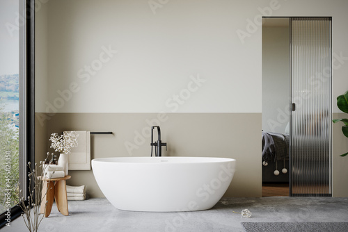 Modern minimalist bathroom interior, pastel decor concept, modern wooden bathroom furniture with interior plants. 3d rendering