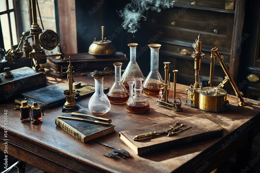 Mysterious alchemist's lab table with retro flasks, brass tools and old books, steampunk Mysterious alchemist's lab table with retro flasks, brass tools and old books, steampunk