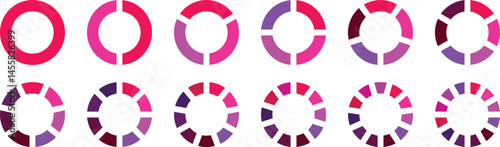 Pie chart set. Circle section graph. 1,2,3,4,5,6 segment infographic. Pie chart divided 1,2,3,4,5,6,7,8,9,10,11,12 equal parts. Ring percentage diagram collection. Colorful pie chart	
