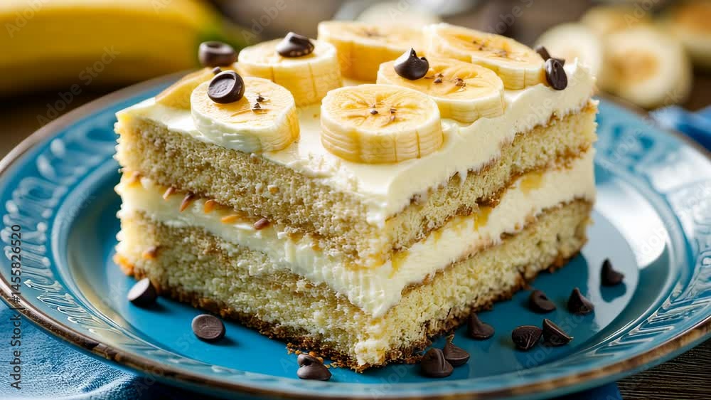 Slice of banana tiramisu dessert on a plate, background of other foods. Possible use Food photography Slice of banana tiramisu dessert on a plate, background of other foods. Possible use Food photography