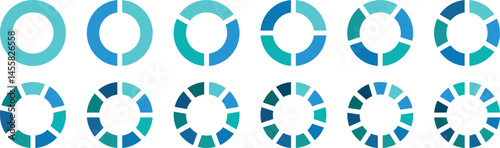 Pie chart set. Circle section graph. 1,2,3,4,5,6 segment infographic. Pie chart divided 1,2,3,4,5,6,7,8,9,10,11,12 equal parts. Ring percentage diagram collection. Colorful pie chart	